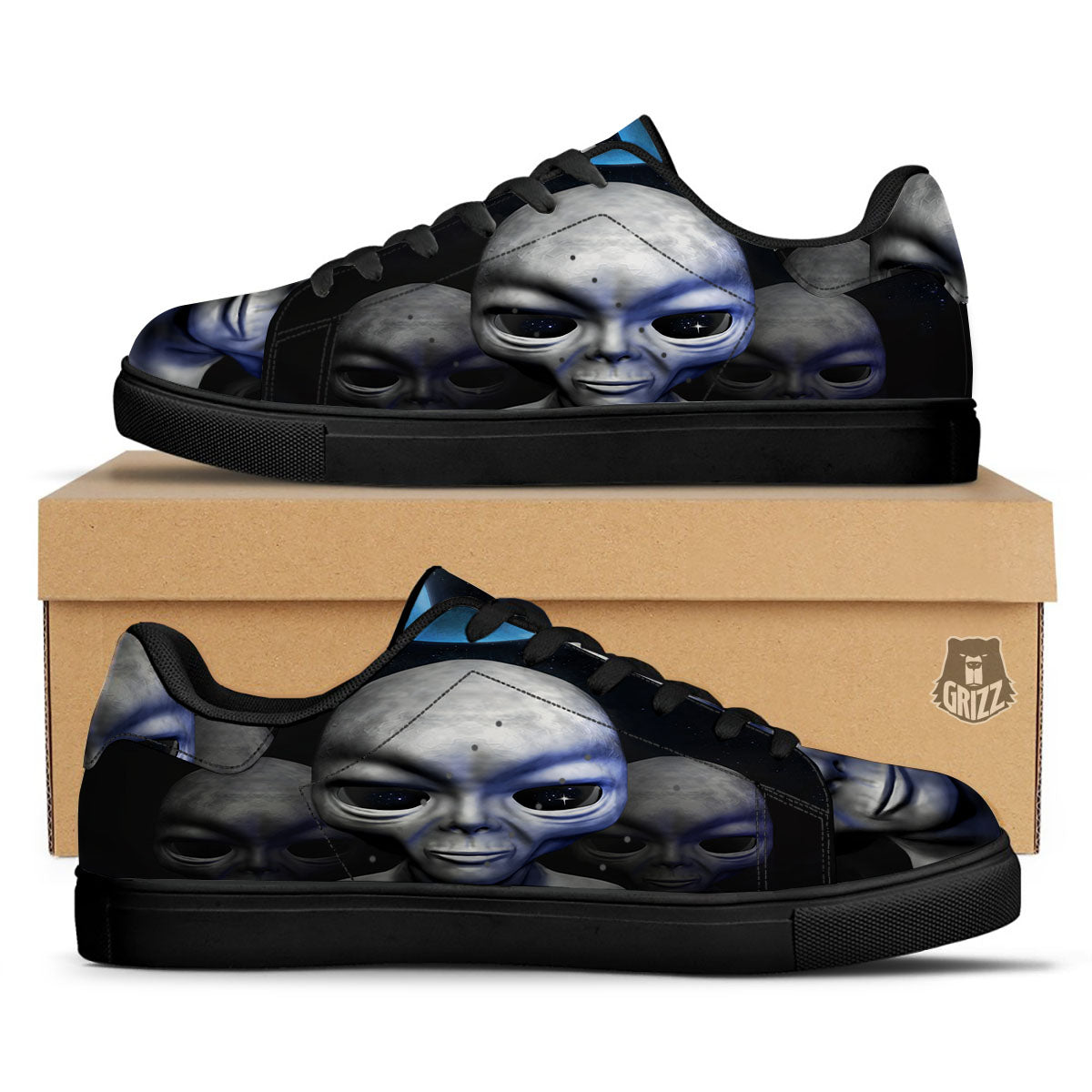 3D Grey Alien Print Black Low Top Sneakers-grizzshop