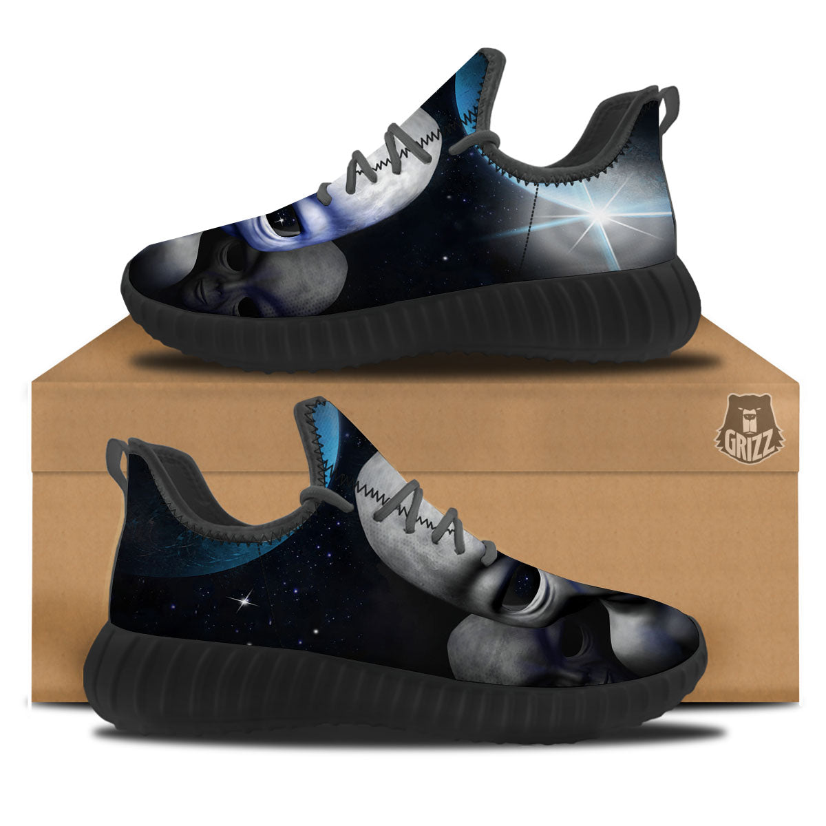 3D Grey Alien Print Black Walking Shoes-grizzshop