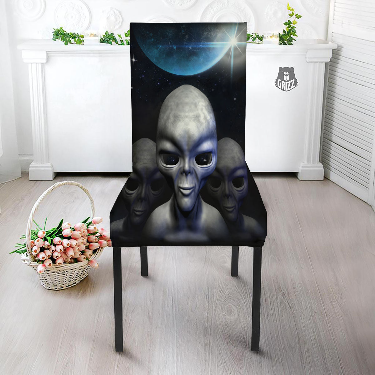 3D Grey Alien Print Dining Chair Slipcover-grizzshop