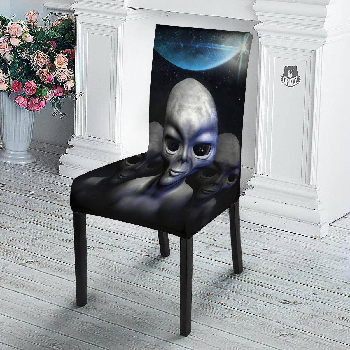 3D Grey Alien Print Dining Chair Slipcover-grizzshop