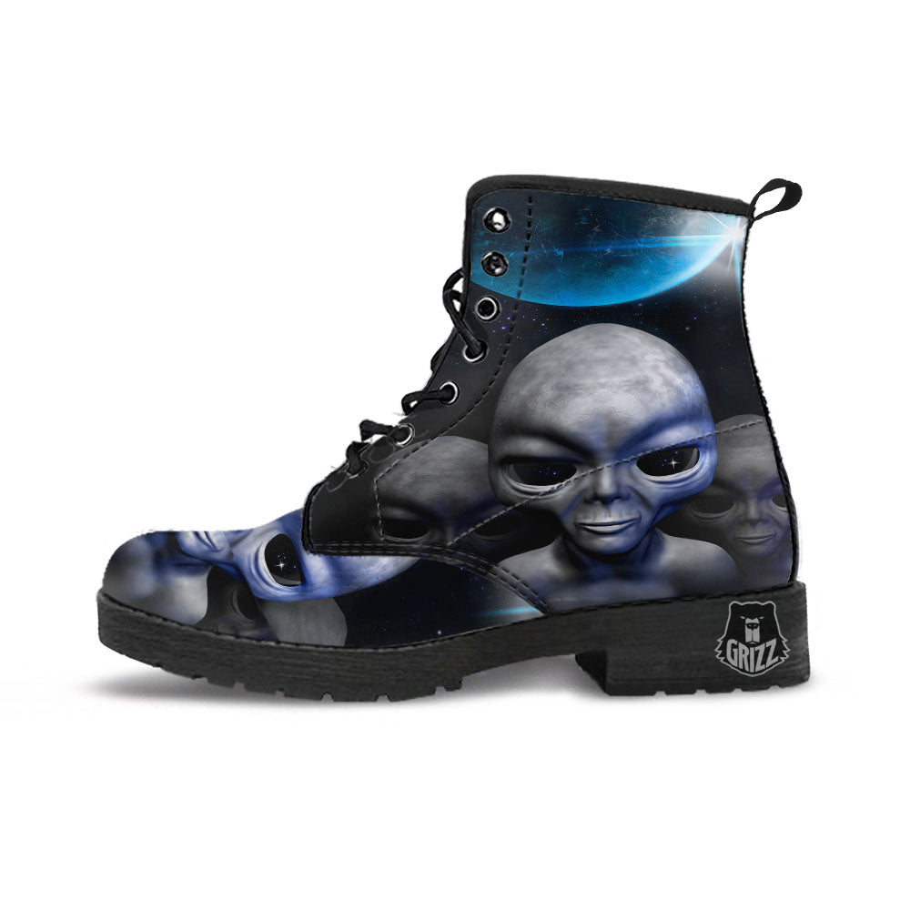 3D Grey Alien Print Leather Boots-grizzshop