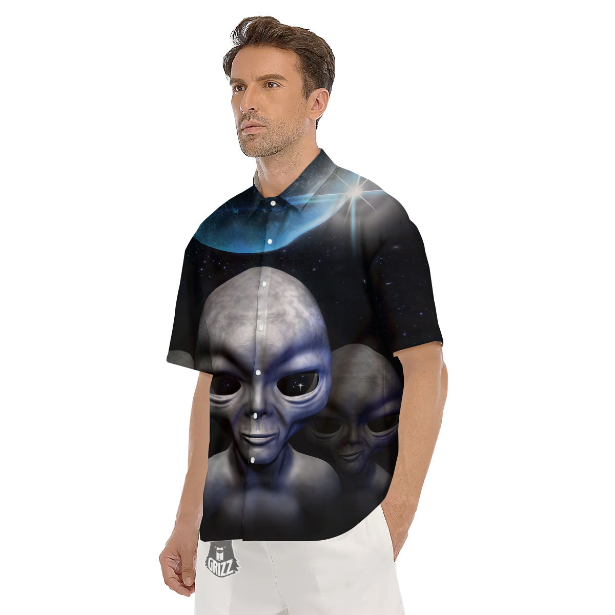 3D Grey Alien Print Men's Short Sleeve Shirts-grizzshop