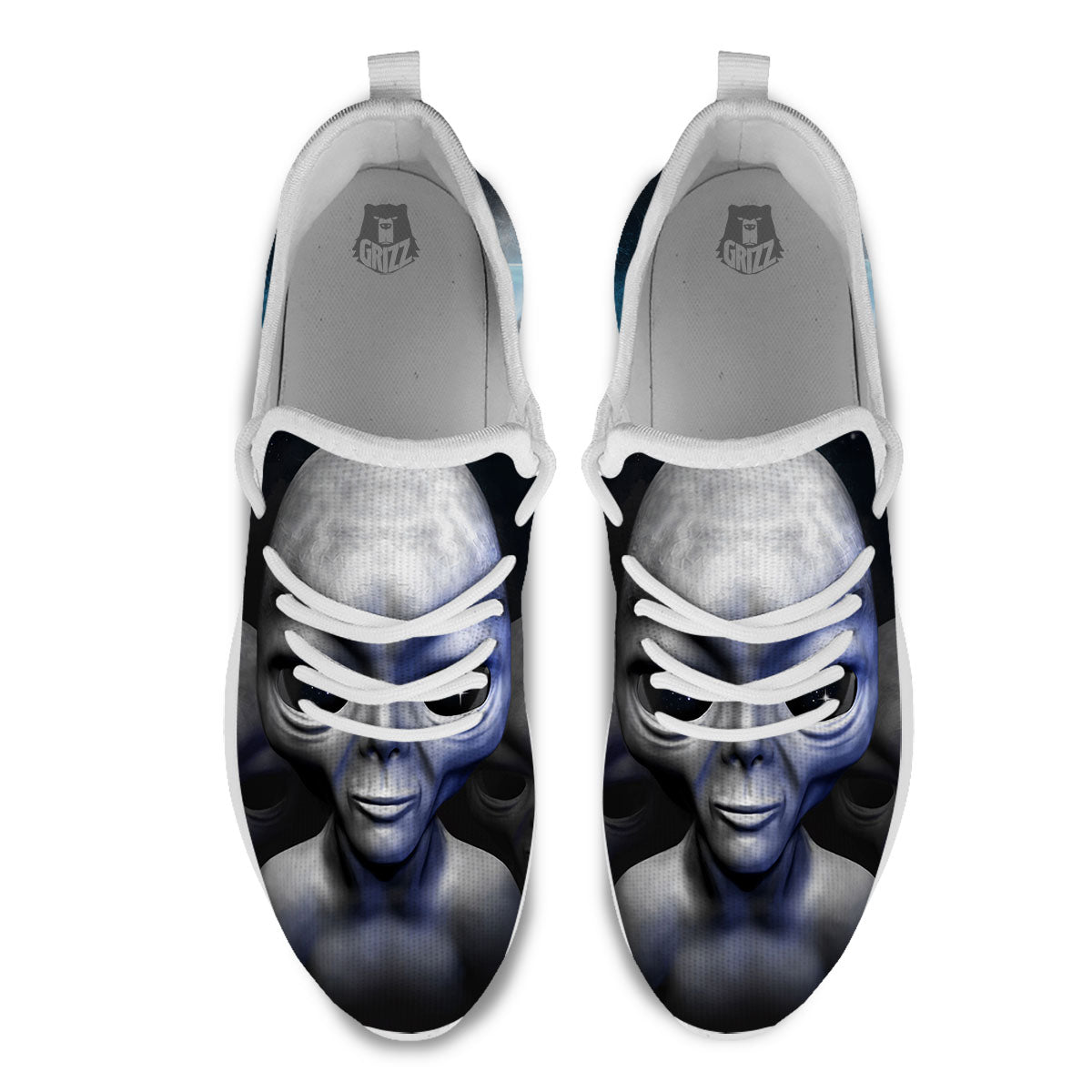 3D Grey Alien Print White Athletic Shoes-grizzshop
