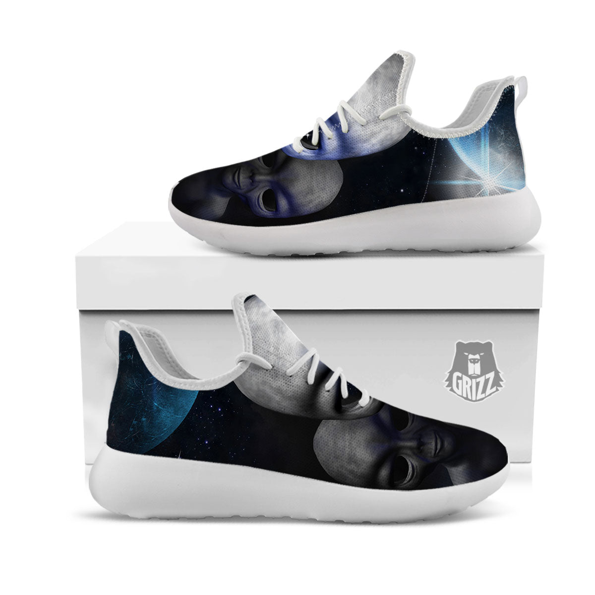 3D Grey Alien Print White Athletic Shoes-grizzshop