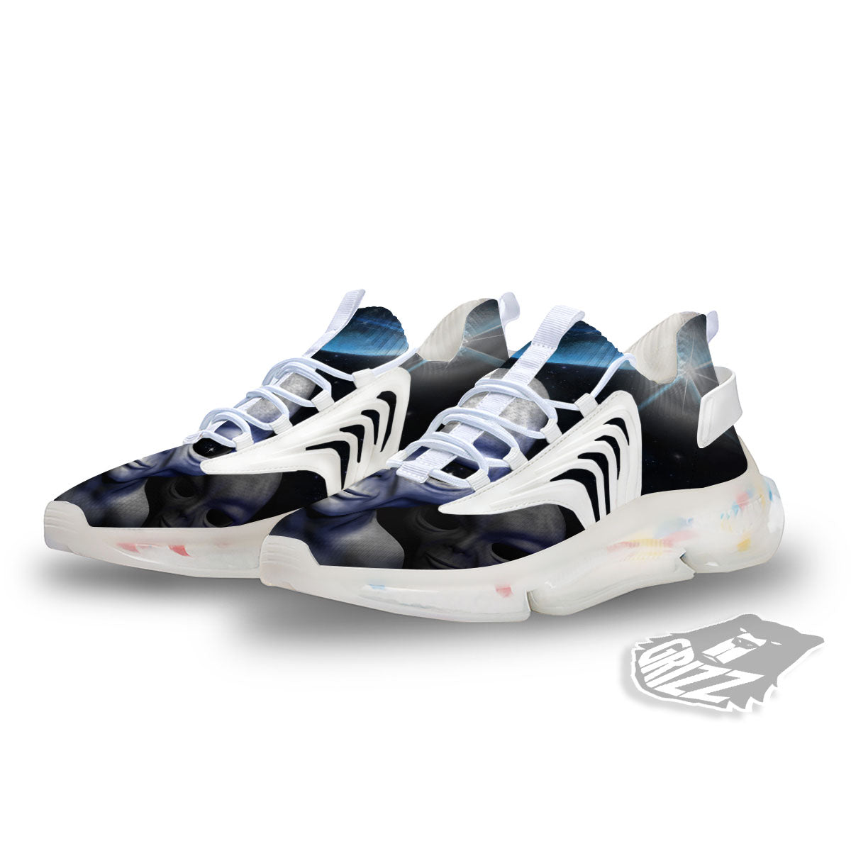 3D Grey Alien Print White Gym Shoes-grizzshop