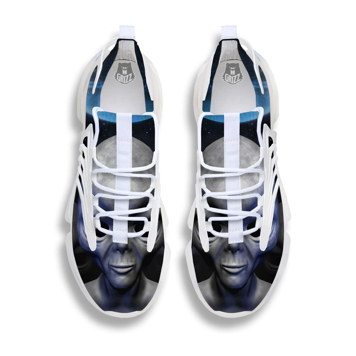 3D Grey Alien Print White Gym Shoes-grizzshop