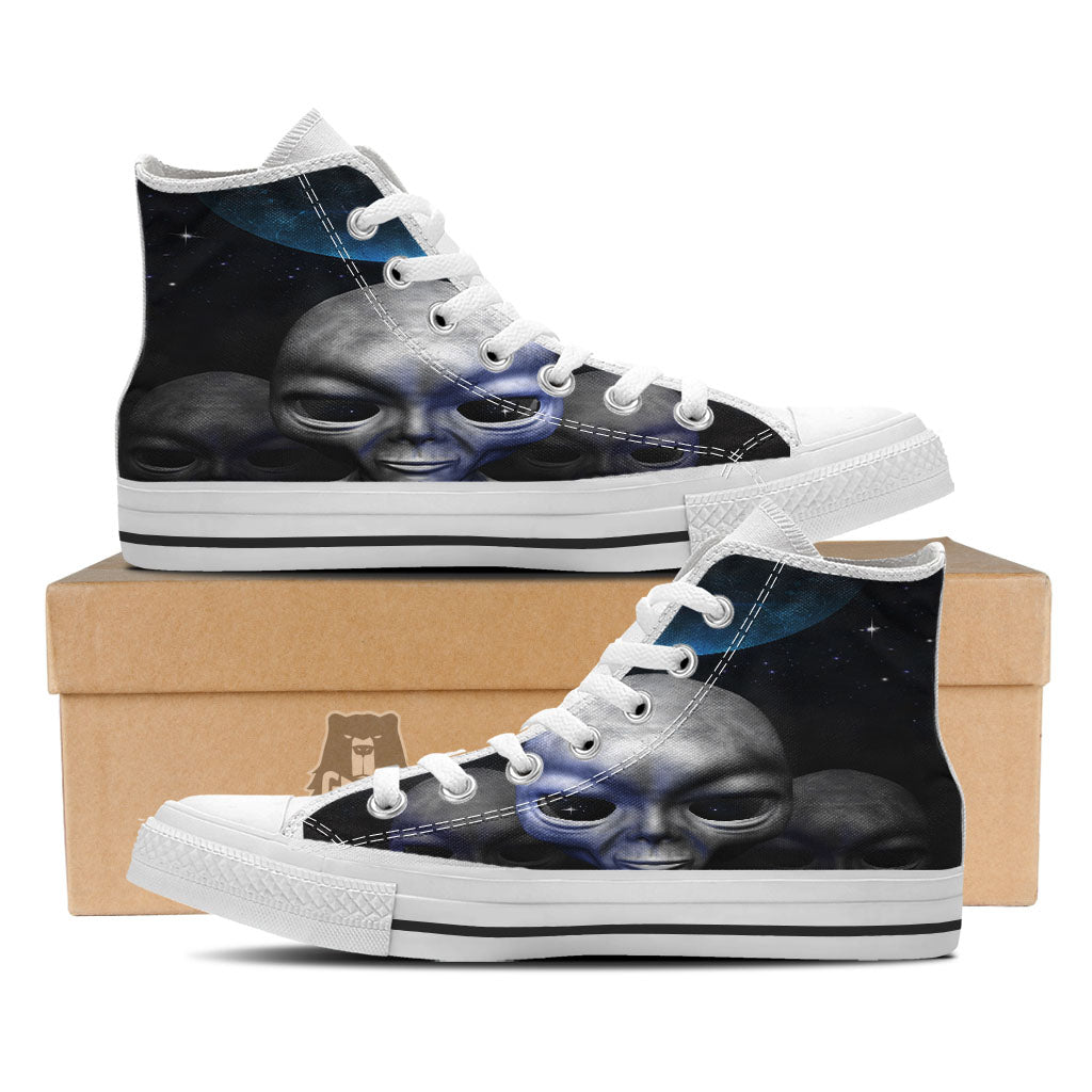 3D Grey Alien Print White High Top Shoes-grizzshop