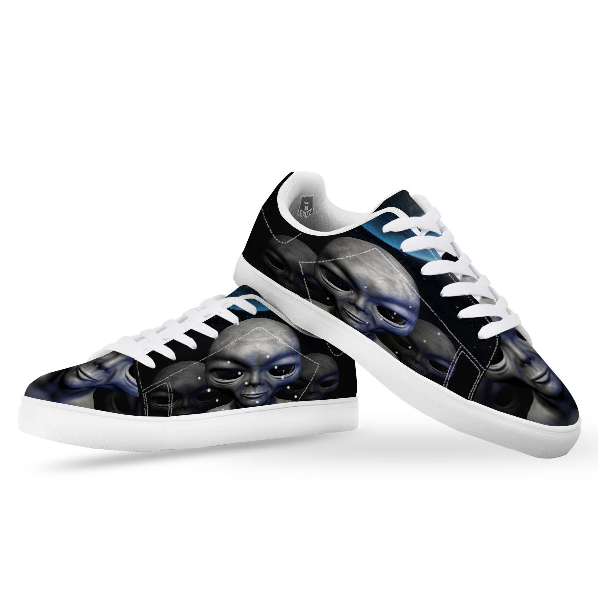 3D Grey Alien Print White Low Top Sneakers-grizzshop