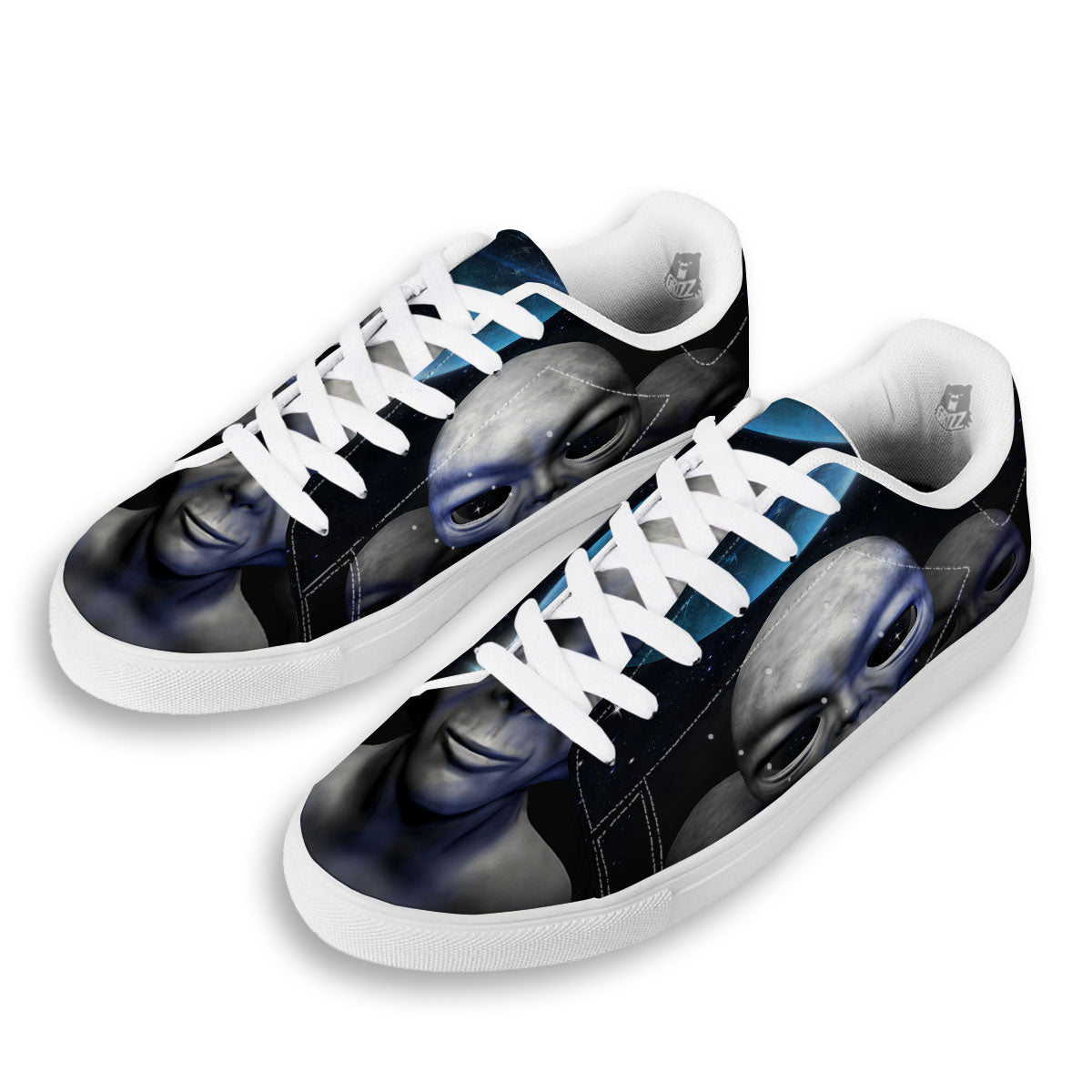 3D Grey Alien Print White Low Top Sneakers-grizzshop