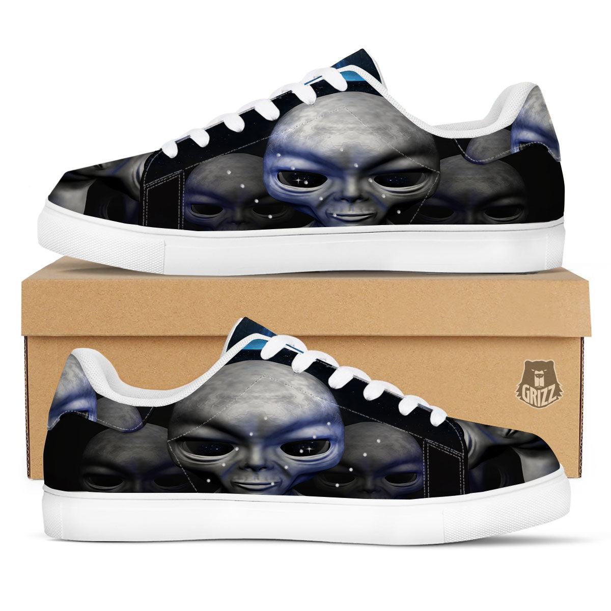 3D Grey Alien Print White Low Top Sneakers-grizzshop