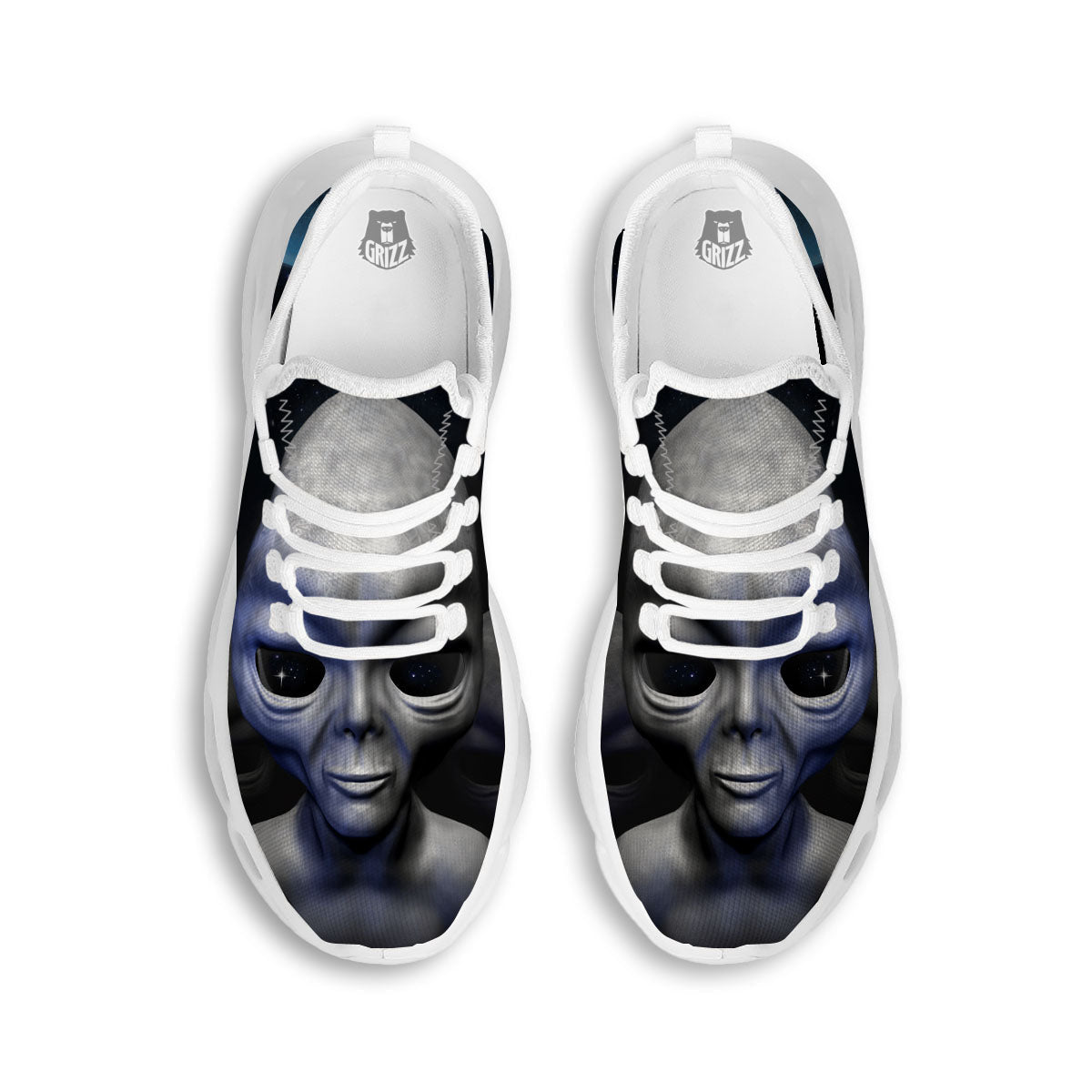 3D Grey Alien Print White Running Shoes-grizzshop