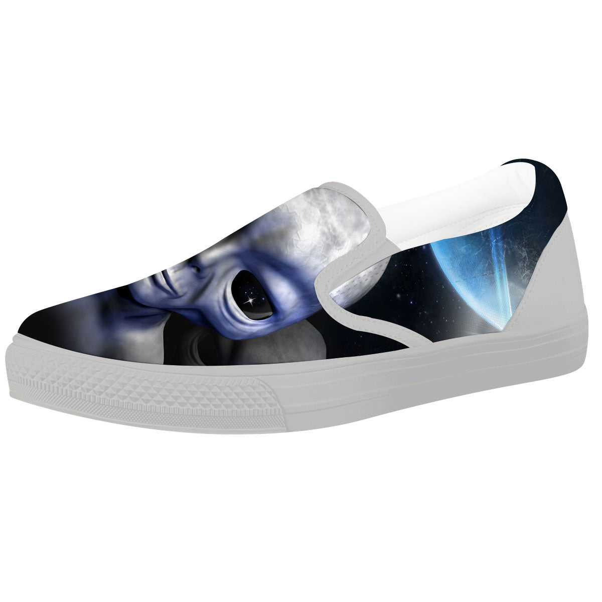 3D Grey Alien Print White Slip On Shoes-grizzshop