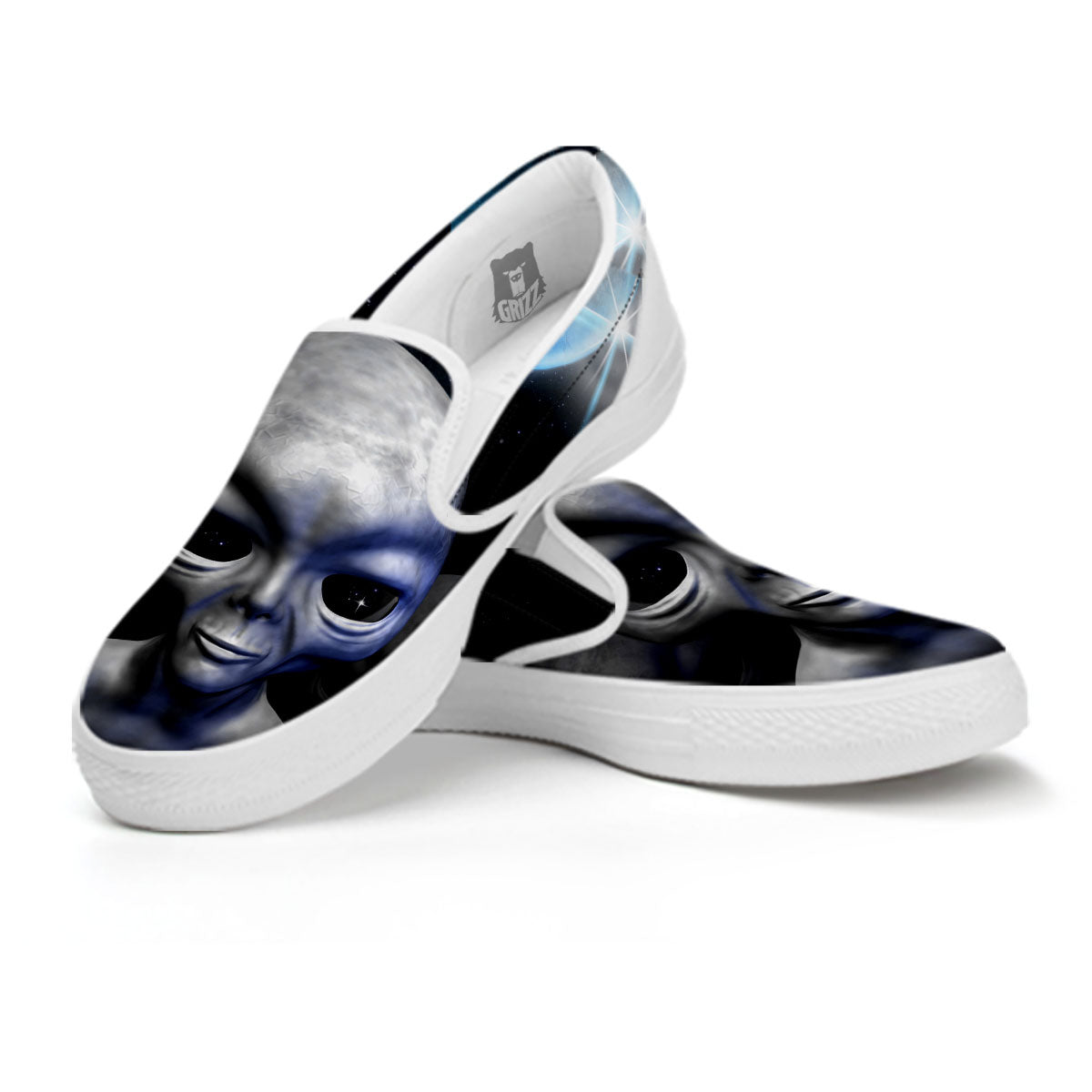 3D Grey Alien Print White Slip On Shoes-grizzshop