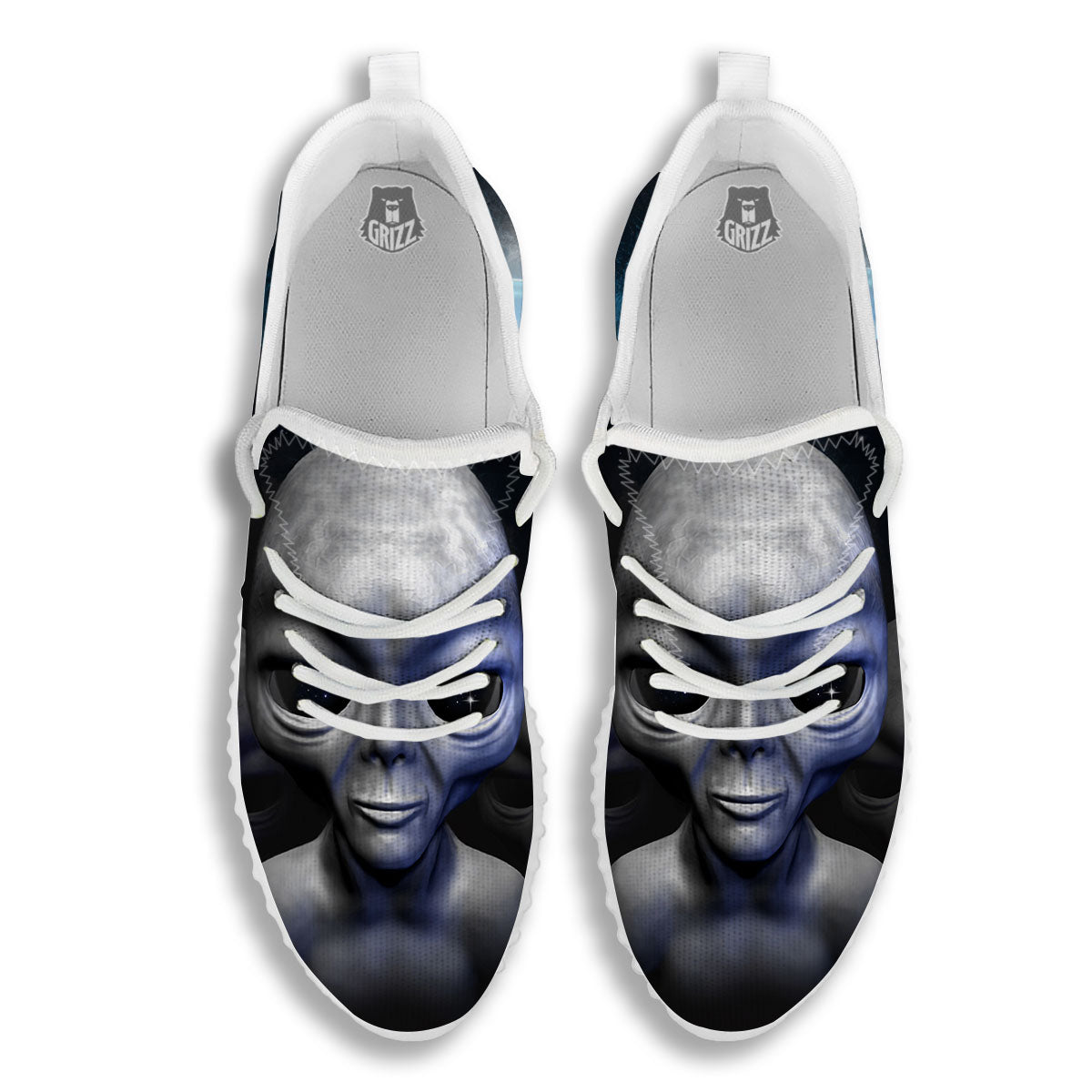 3D Grey Alien Print White Walking Shoes-grizzshop