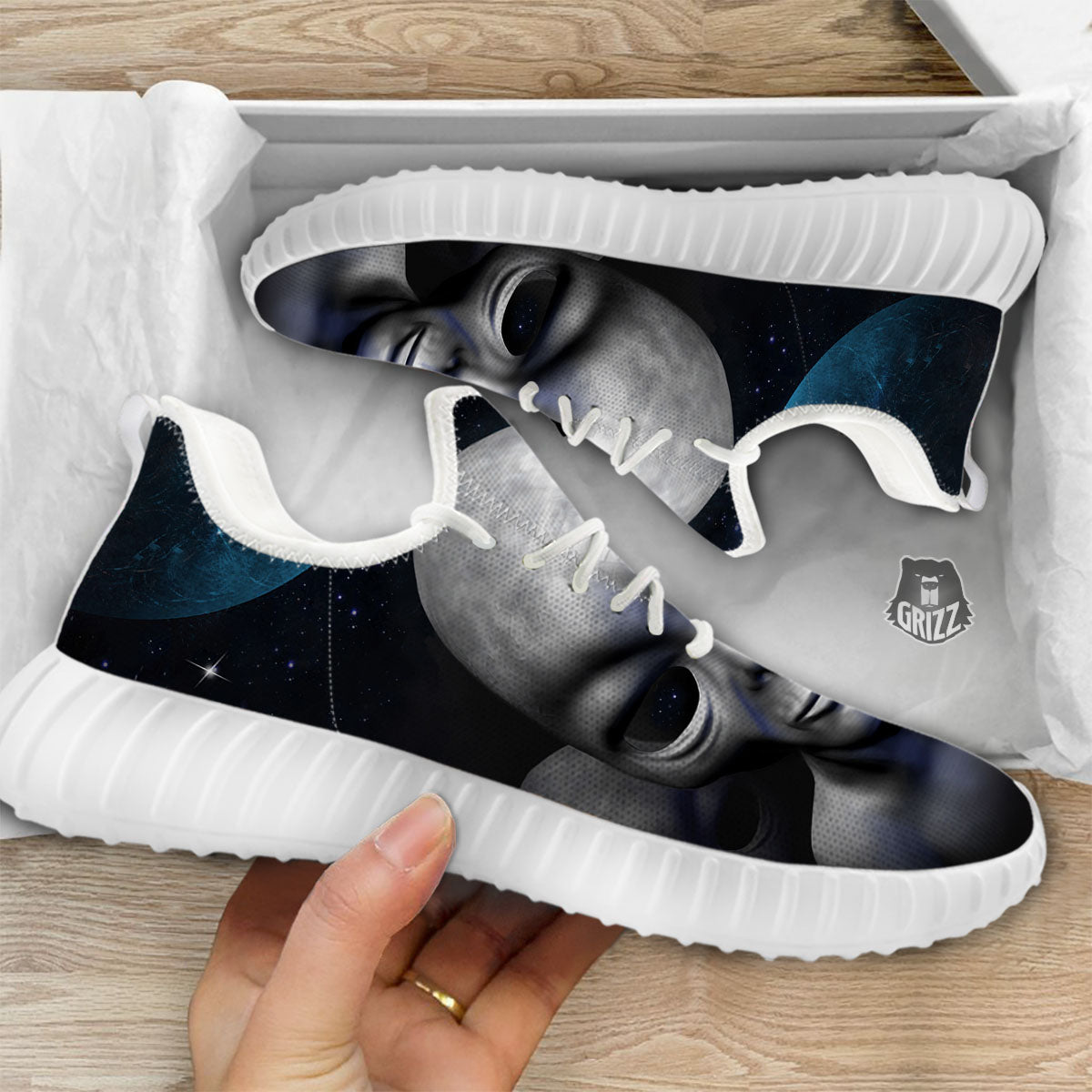 3D Grey Alien Print White Walking Shoes-grizzshop