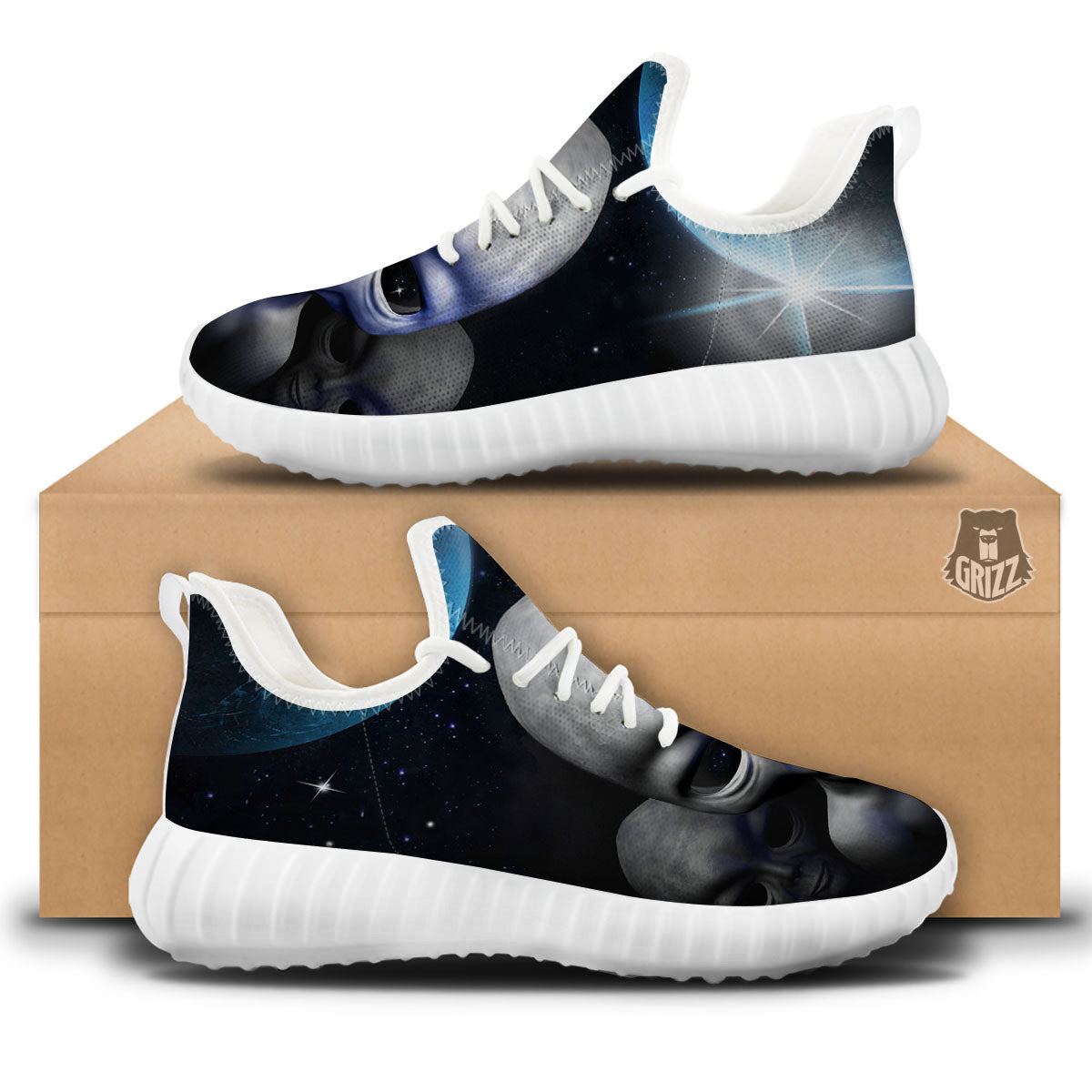 3D Grey Alien Print White Walking Shoes-grizzshop
