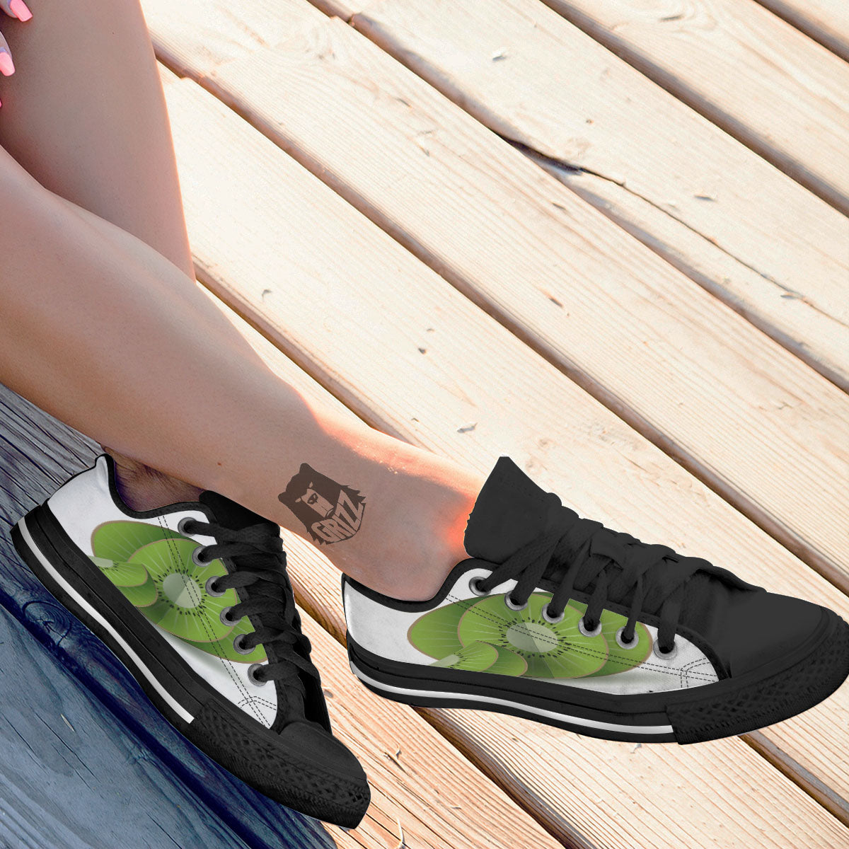 3D Kiwi Print Black Low Top Shoes-grizzshop