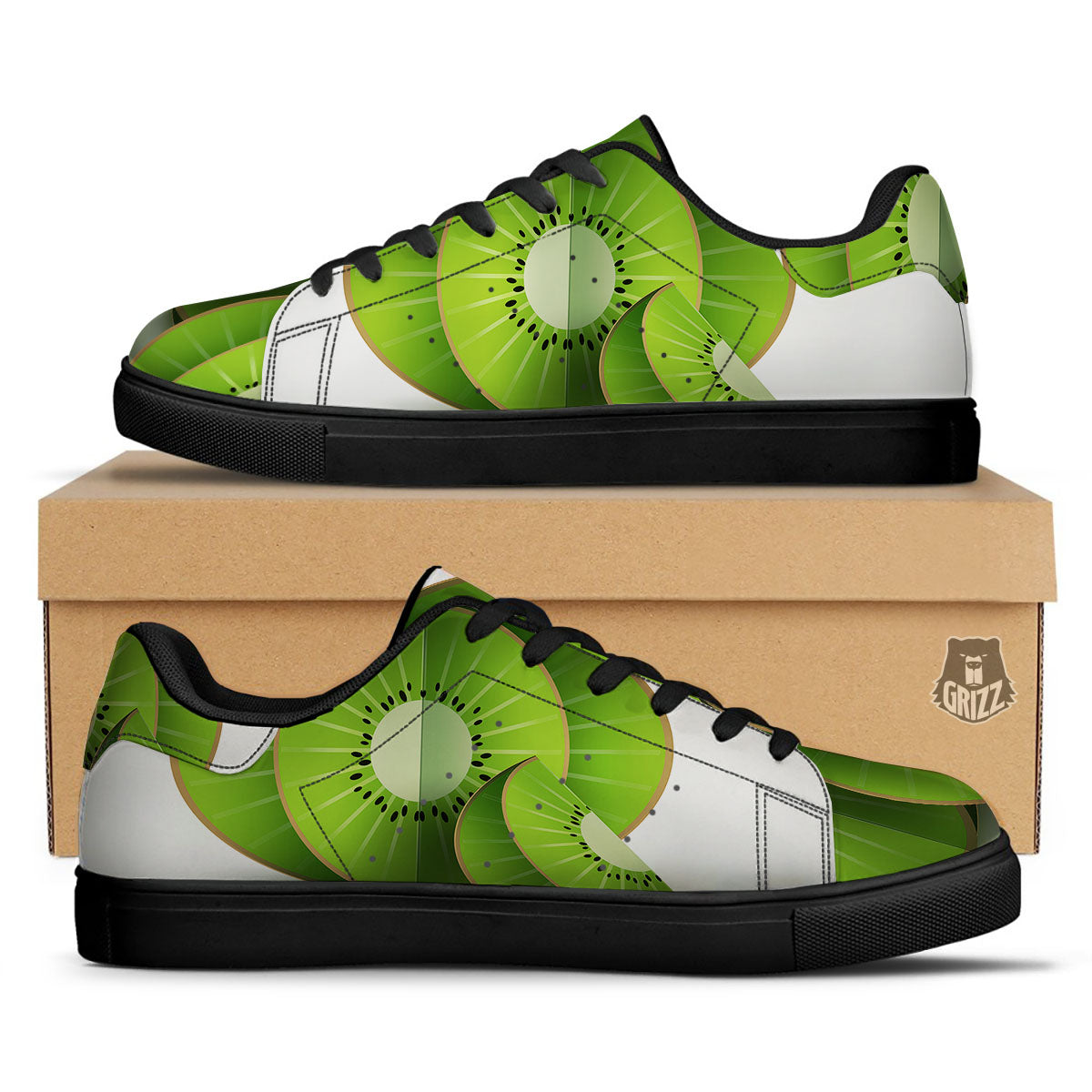 3D Kiwi Print Black Low Top Sneakers-grizzshop