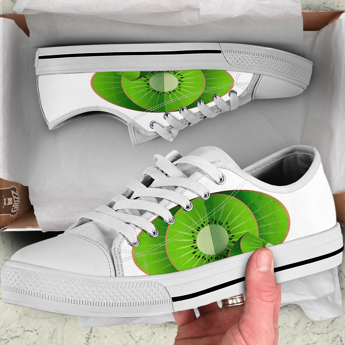 3D Kiwi Print White Low Top Shoes-grizzshop