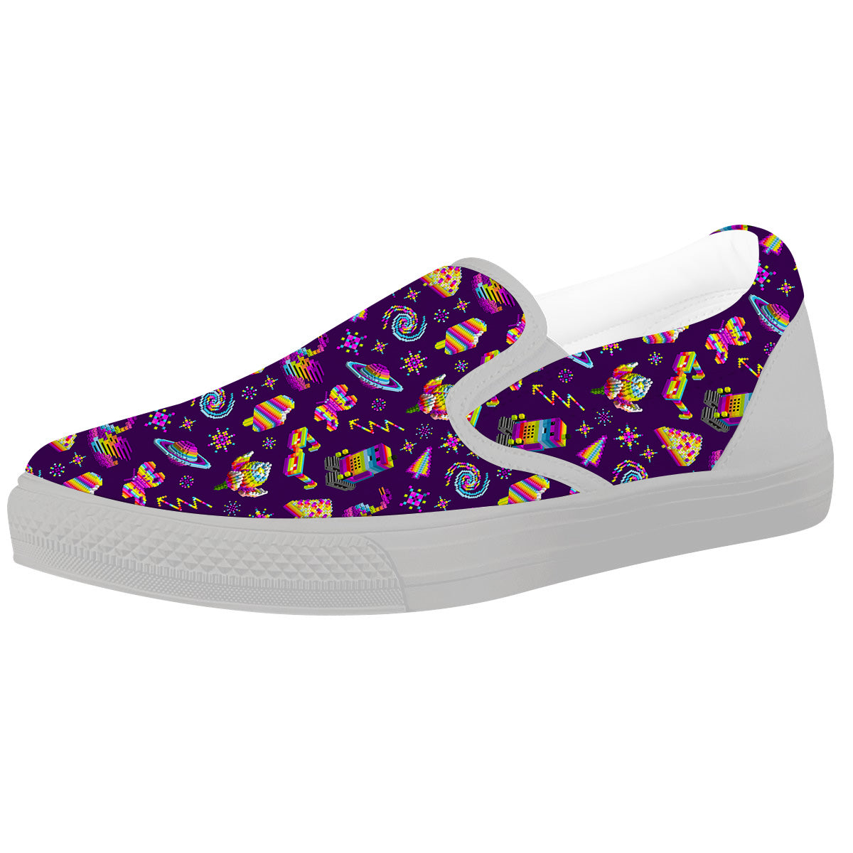 3D Pixel Cartoon Print Pattern White Slip On Shoes-grizzshop