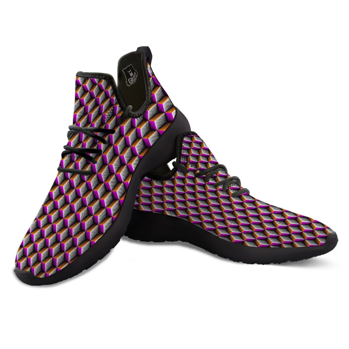 3D Rhombus Print Pattern Black Athletic Shoes-grizzshop