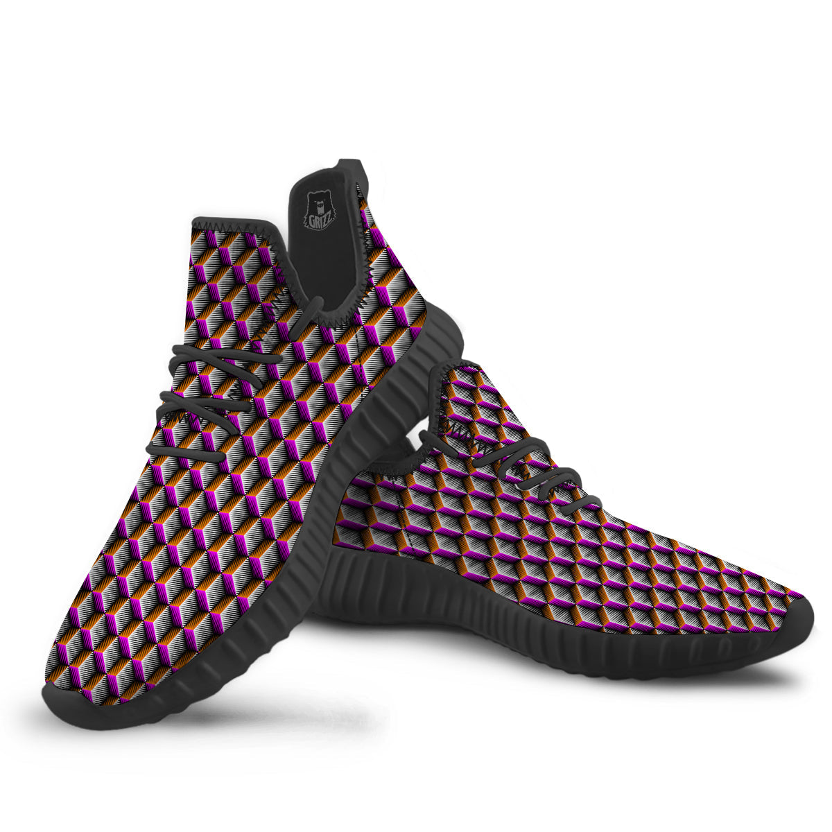3D Rhombus Print Pattern Black Walking Shoes-grizzshop