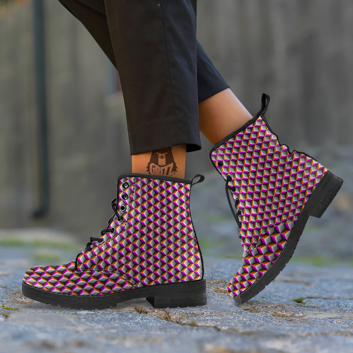 3D Rhombus Print Pattern Leather Boots-grizzshop