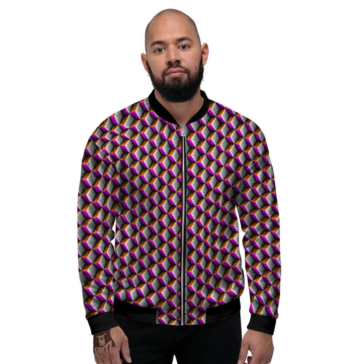 3D Rhombus Print Pattern Men's Bomber Jacket-grizzshop