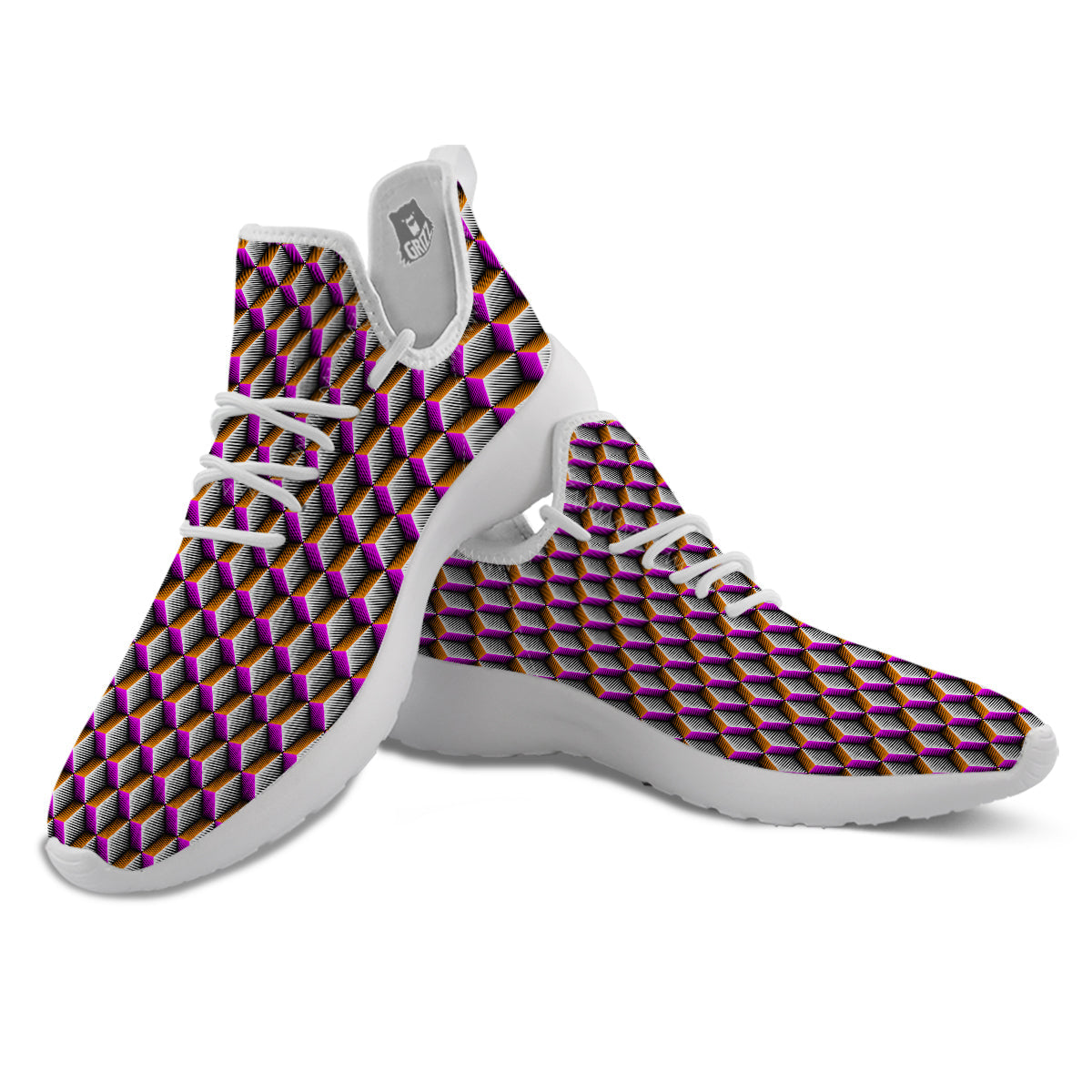 3D Rhombus Print Pattern White Athletic Shoes-grizzshop