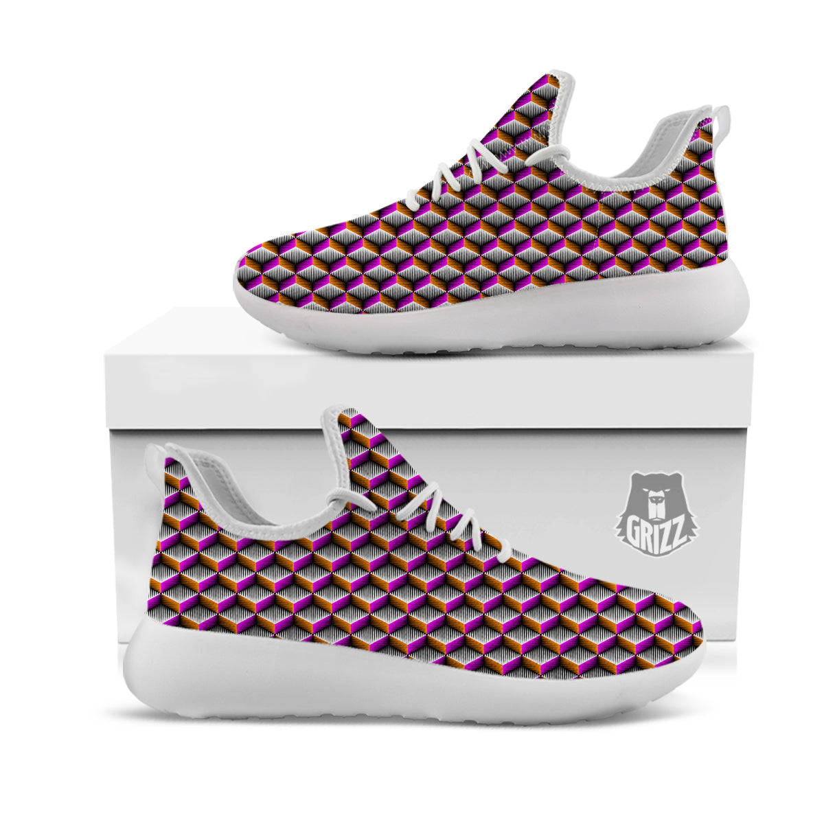 3D Rhombus Print Pattern White Athletic Shoes-grizzshop