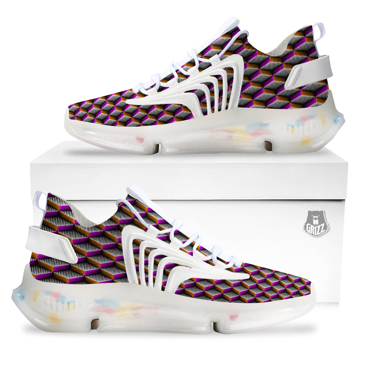 3D Rhombus Print Pattern White Gym Shoes-grizzshop