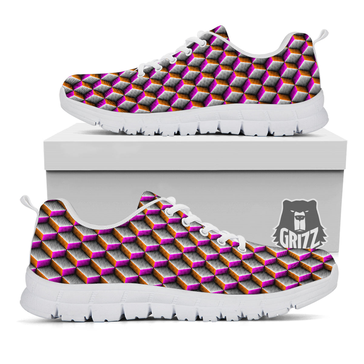 3D Rhombus Print Pattern White Sneaker-grizzshop