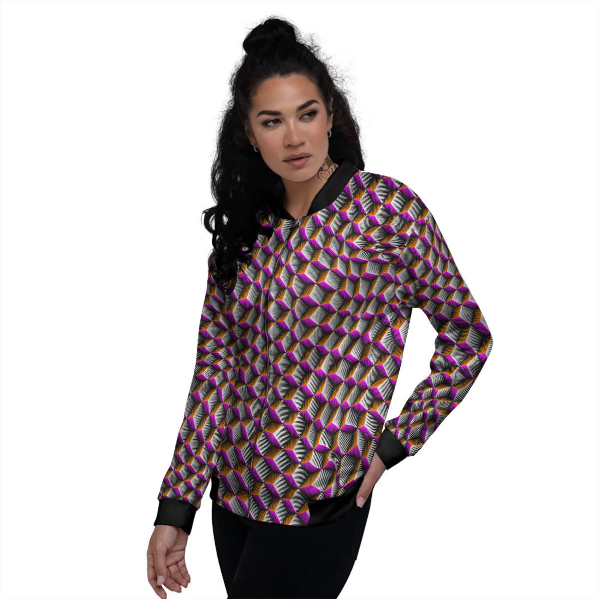 3D Rhombus Print Pattern Women's Bomber Jacket-grizzshop