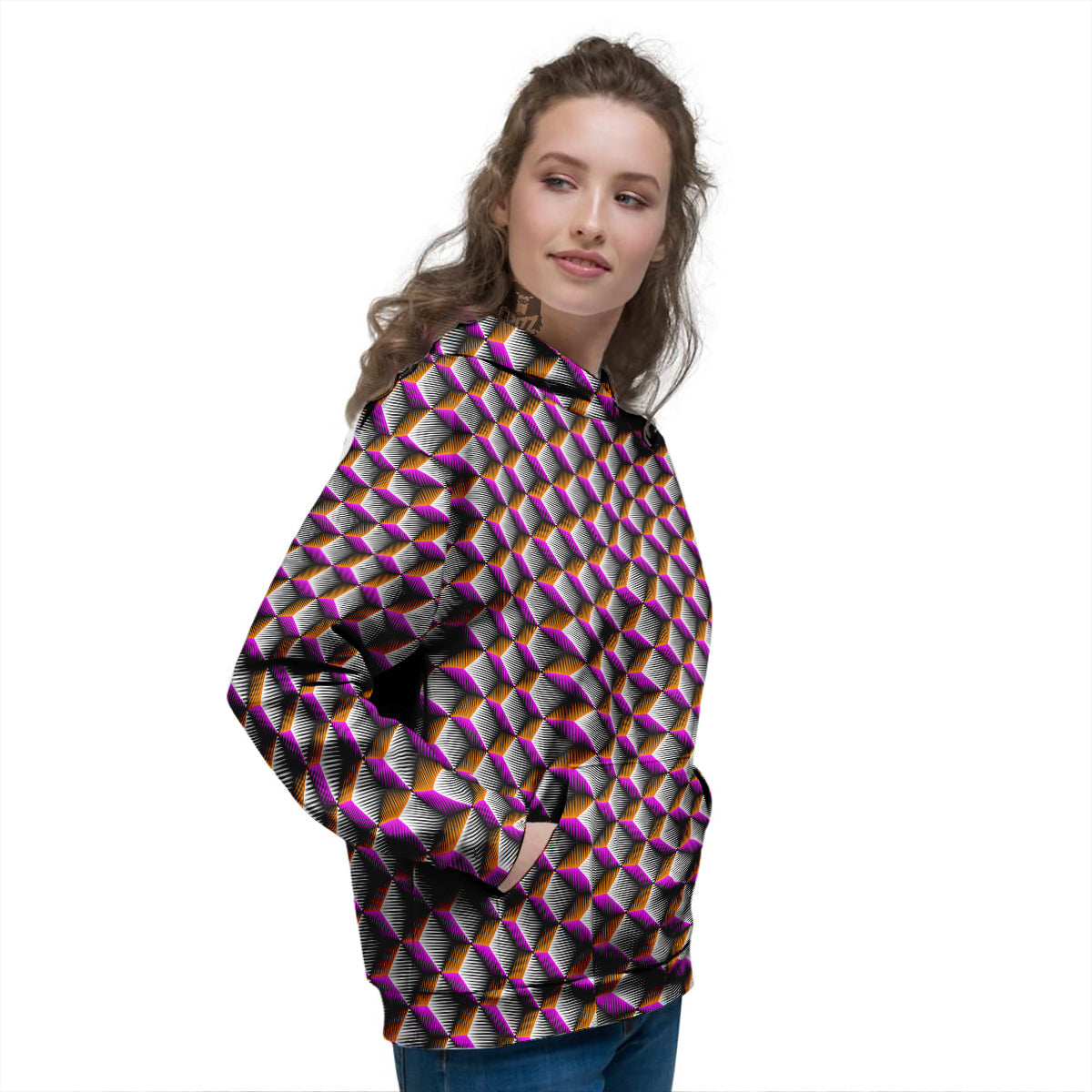 3D Rhombus Print Pattern Women's Hoodie-grizzshop