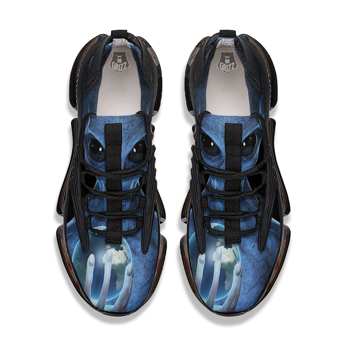 3D Scary Alien Grey Print Black Gym Shoes-grizzshop