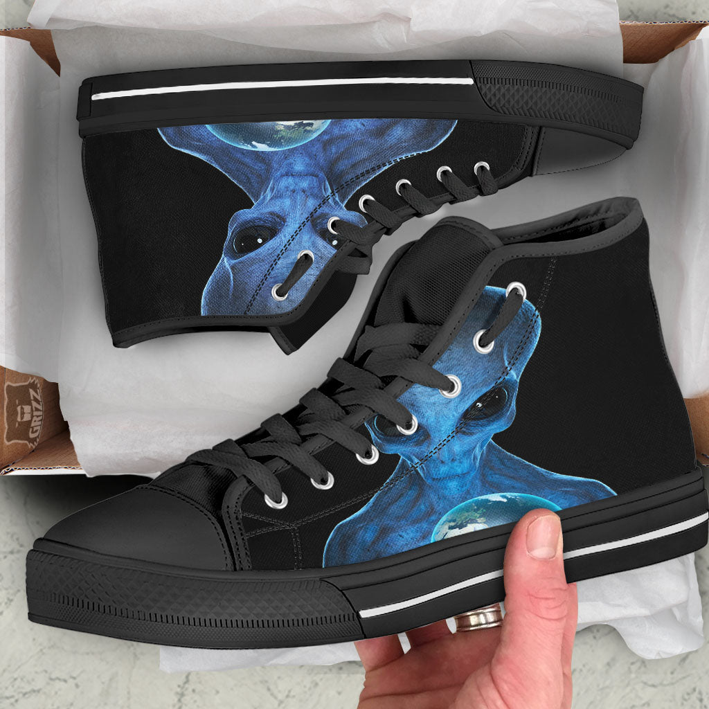 3D Scary Alien Grey Print Black High Top Shoes-grizzshop