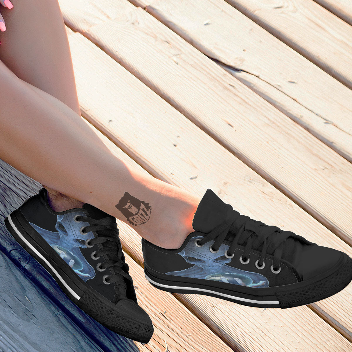 3D Scary Alien Grey Print Black Low Top Shoes-grizzshop