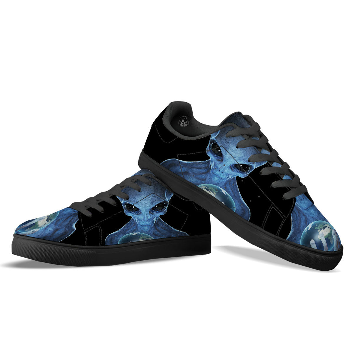3D Scary Alien Grey Print Black Low Top Sneakers-grizzshop