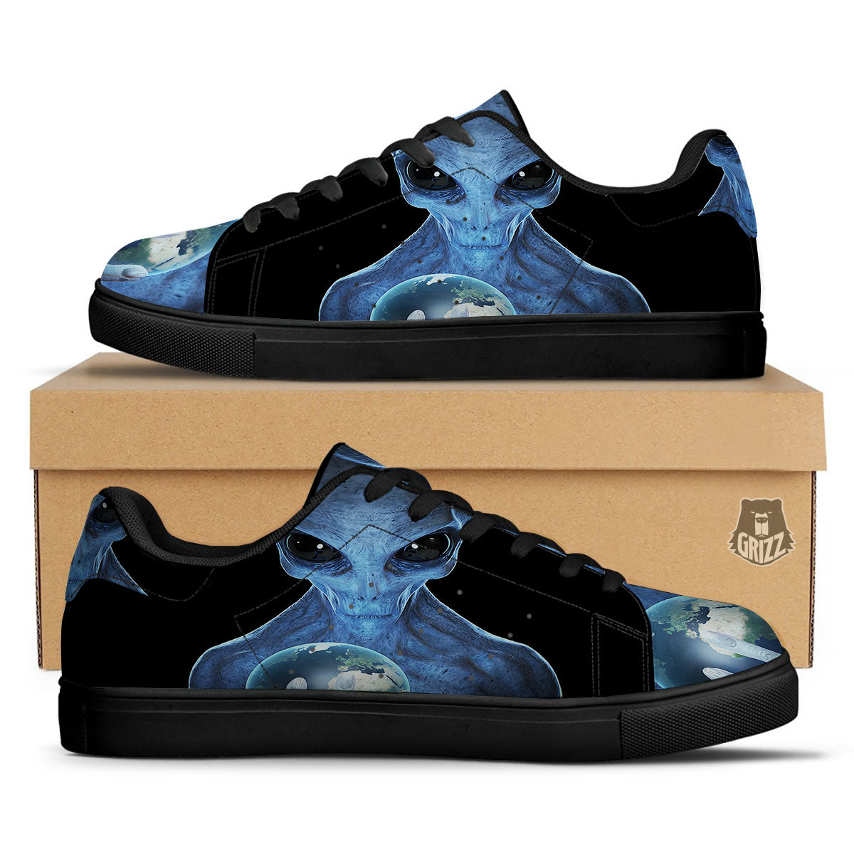 3D Scary Alien Grey Print Black Low Top Sneakers-grizzshop