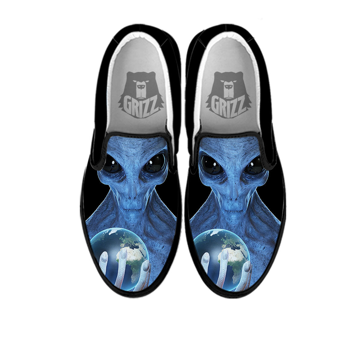 3D Scary Alien Grey Print Black Slip On Shoes-grizzshop