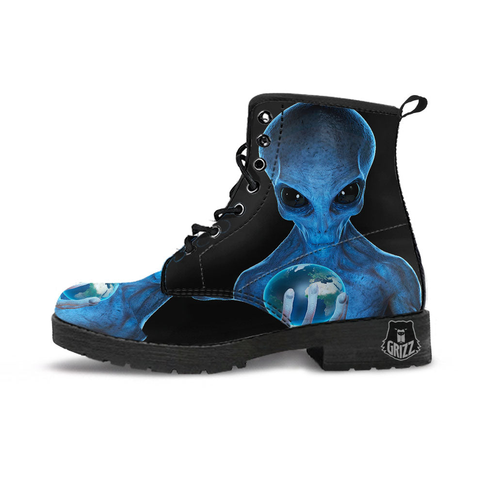 3D Scary Alien Grey Print Leather Boots-grizzshop