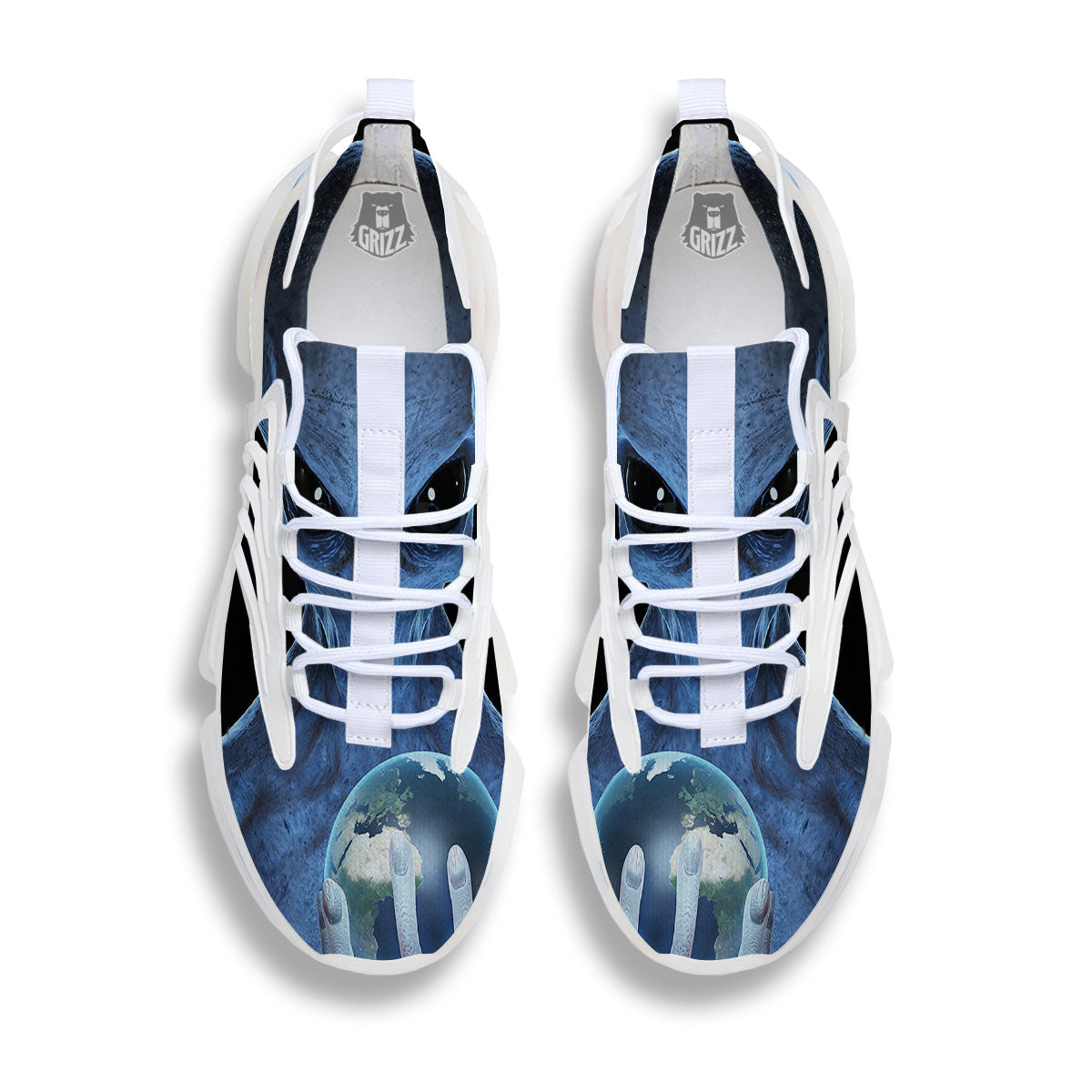 3D Scary Alien Grey Print White Gym Shoes-grizzshop
