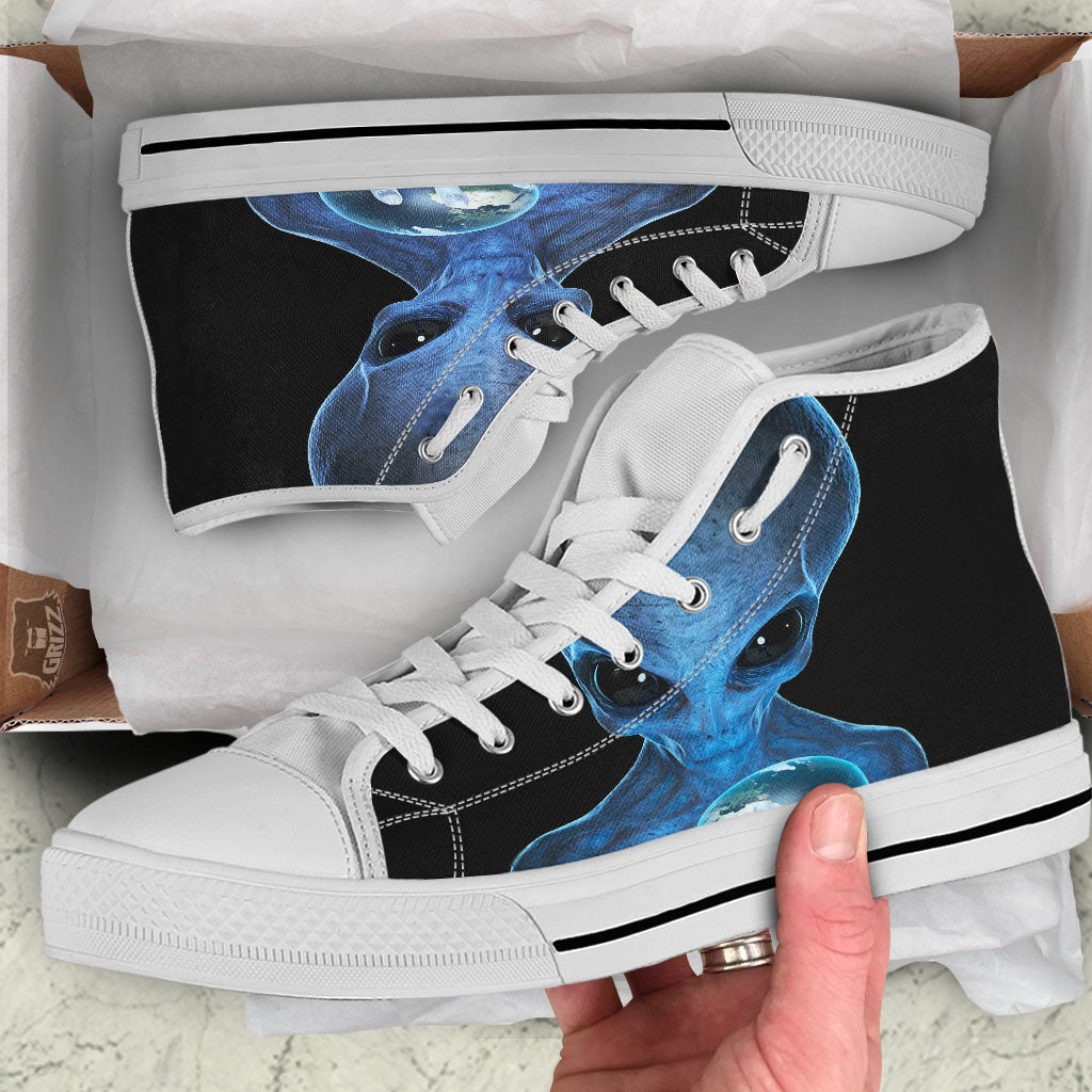 3D Scary Alien Grey Print White High Top Shoes-grizzshop