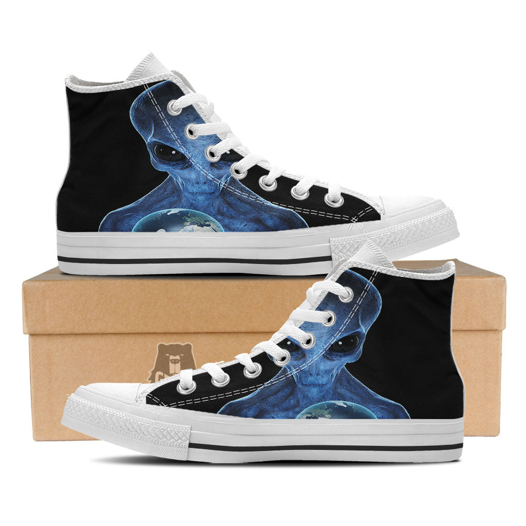 3D Scary Alien Grey Print White High Top Shoes-grizzshop