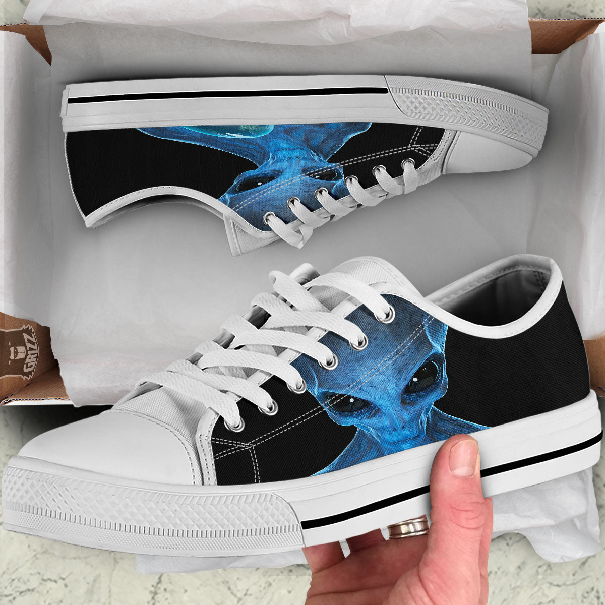 3D Scary Alien Grey Print White Low Top Shoes-grizzshop