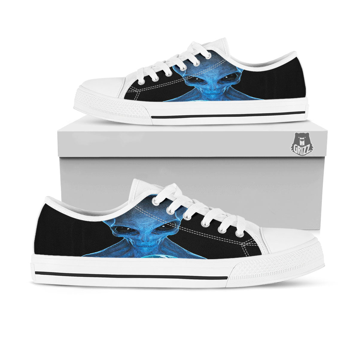 3D Scary Alien Grey Print White Low Top Shoes-grizzshop