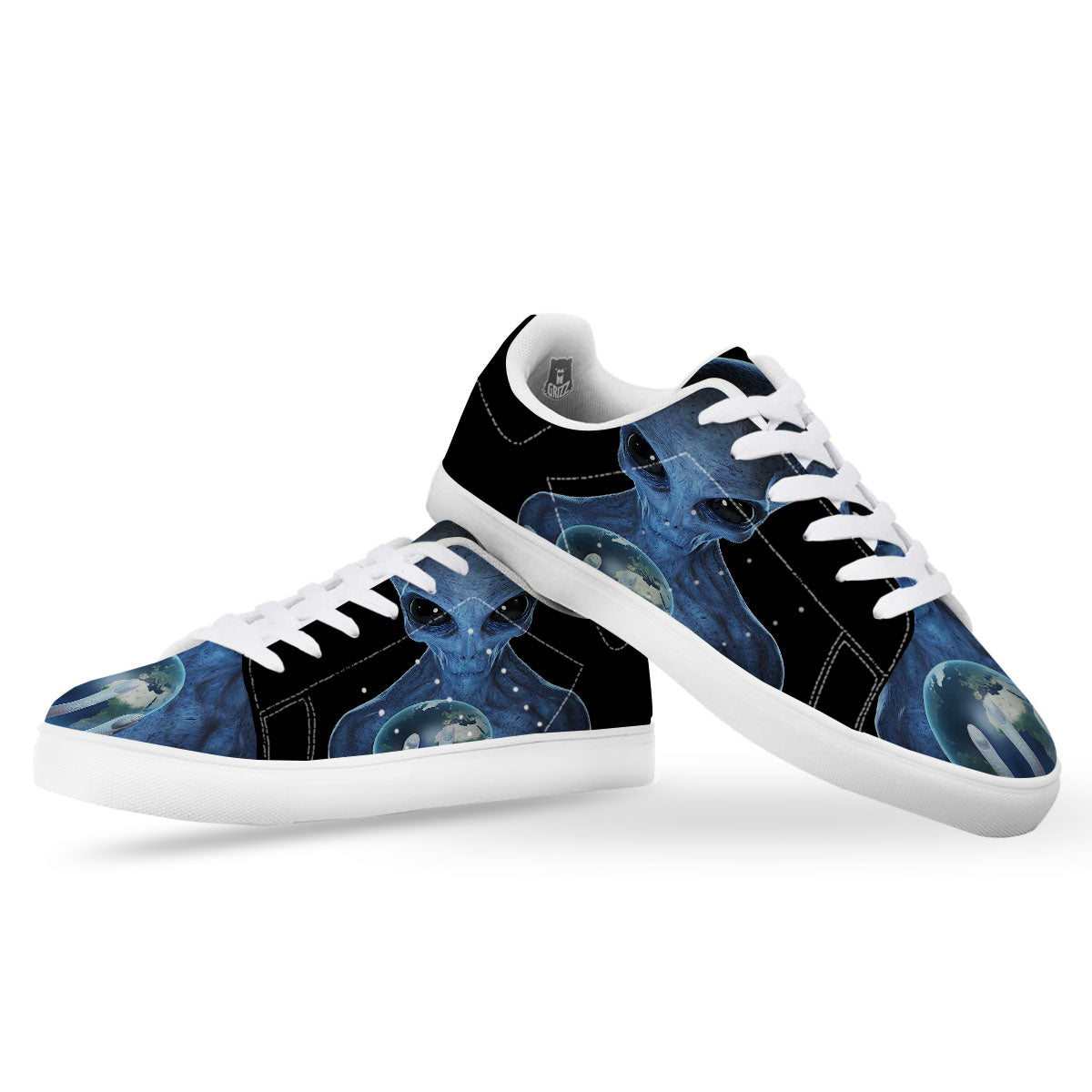 3D Scary Alien Grey Print White Low Top Sneakers-grizzshop