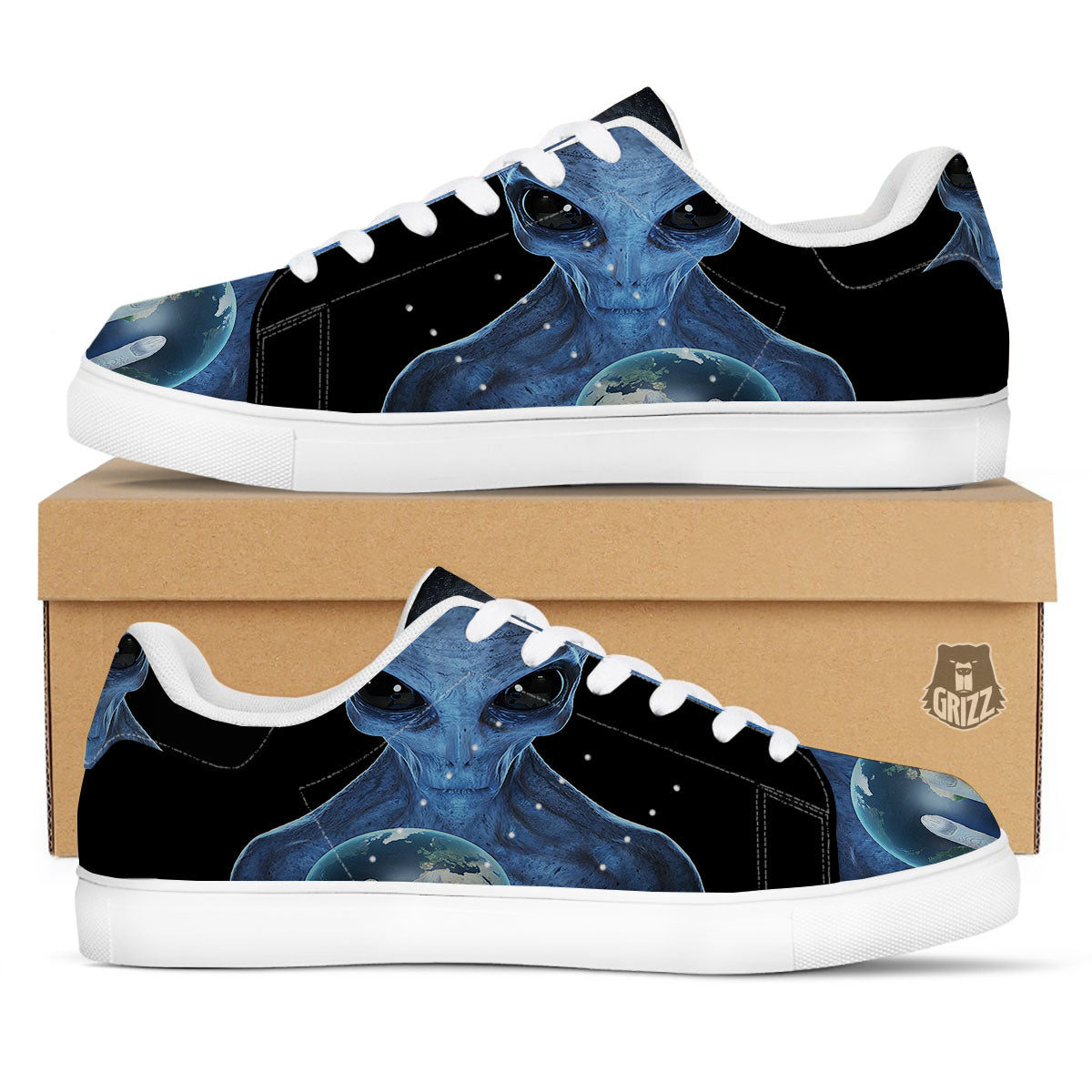 3D Scary Alien Grey Print White Low Top Sneakers-grizzshop