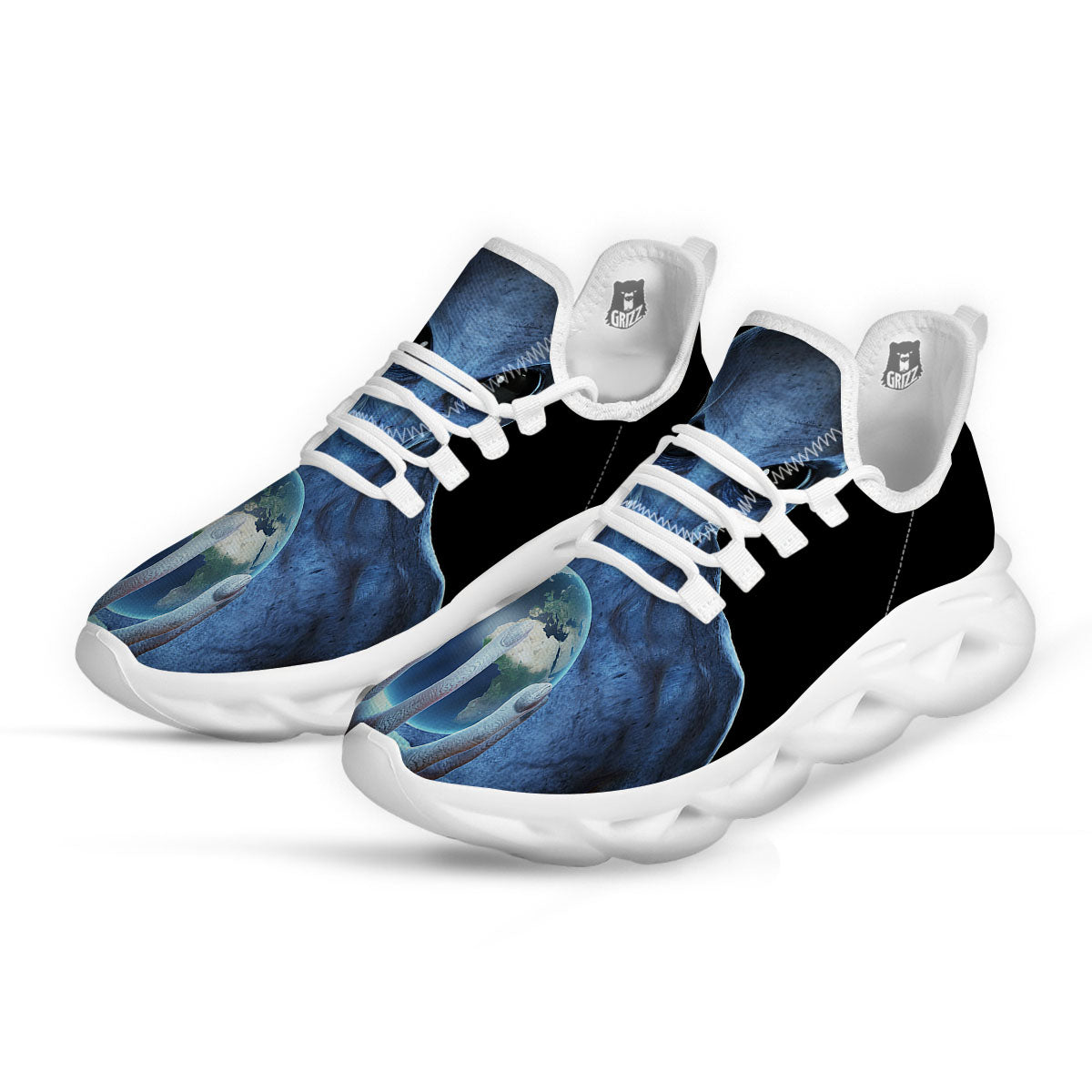 3D Scary Alien Grey Print White Running Shoes-grizzshop
