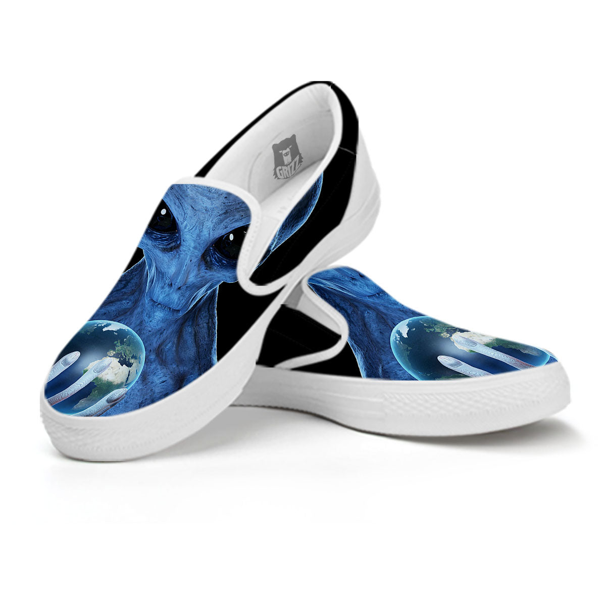 3D Scary Alien Grey Print White Slip On Shoes-grizzshop